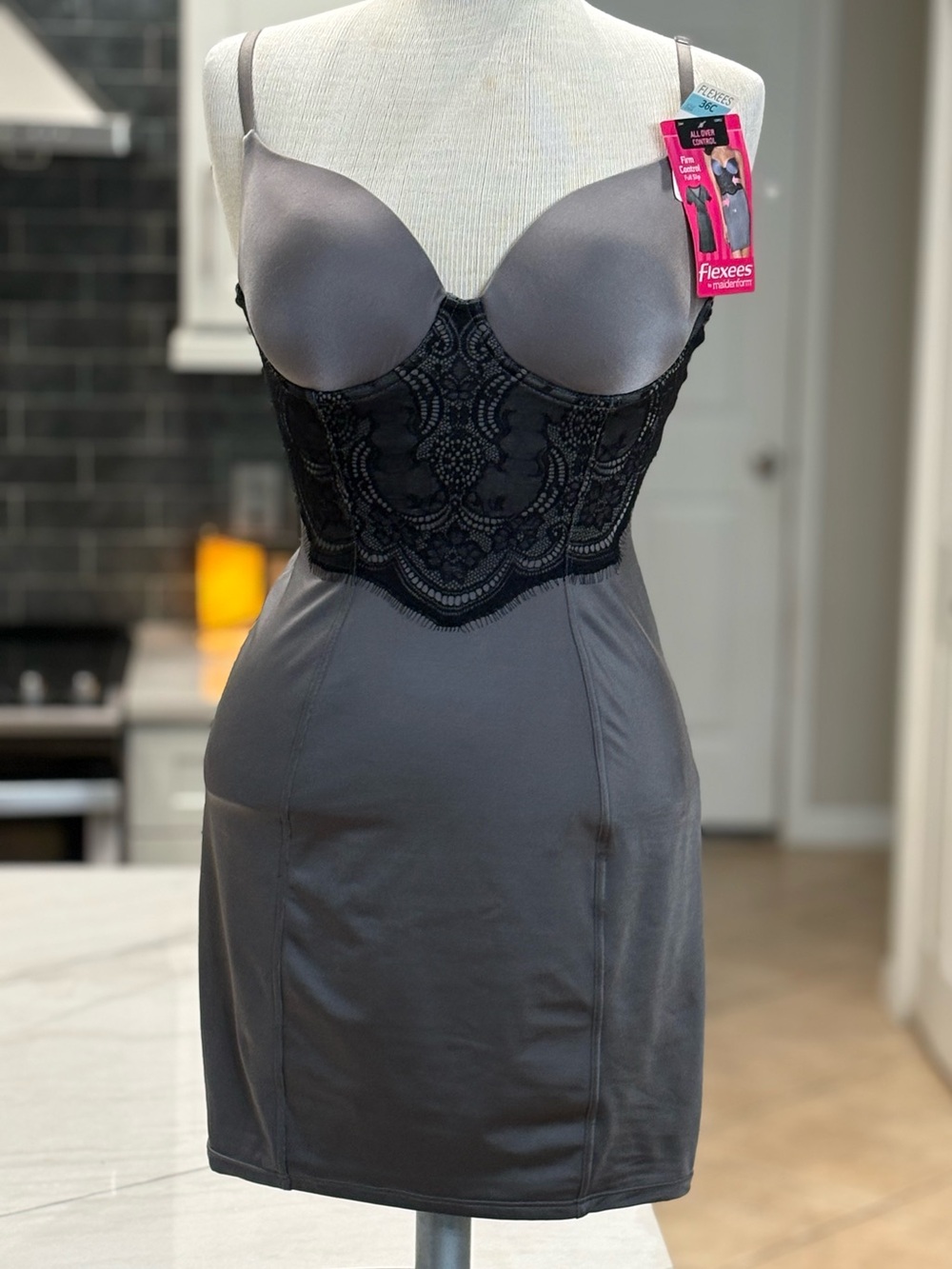Flexees Women's Gray Shapewear Slip with Black Lace Waist Size 36 C/D
